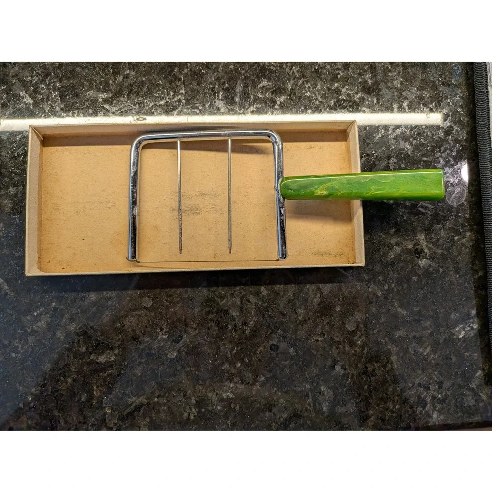 Vintage Schneider CheeSliceR Wire Cheese Slicer Green‎ Marbled Handle w/ Box